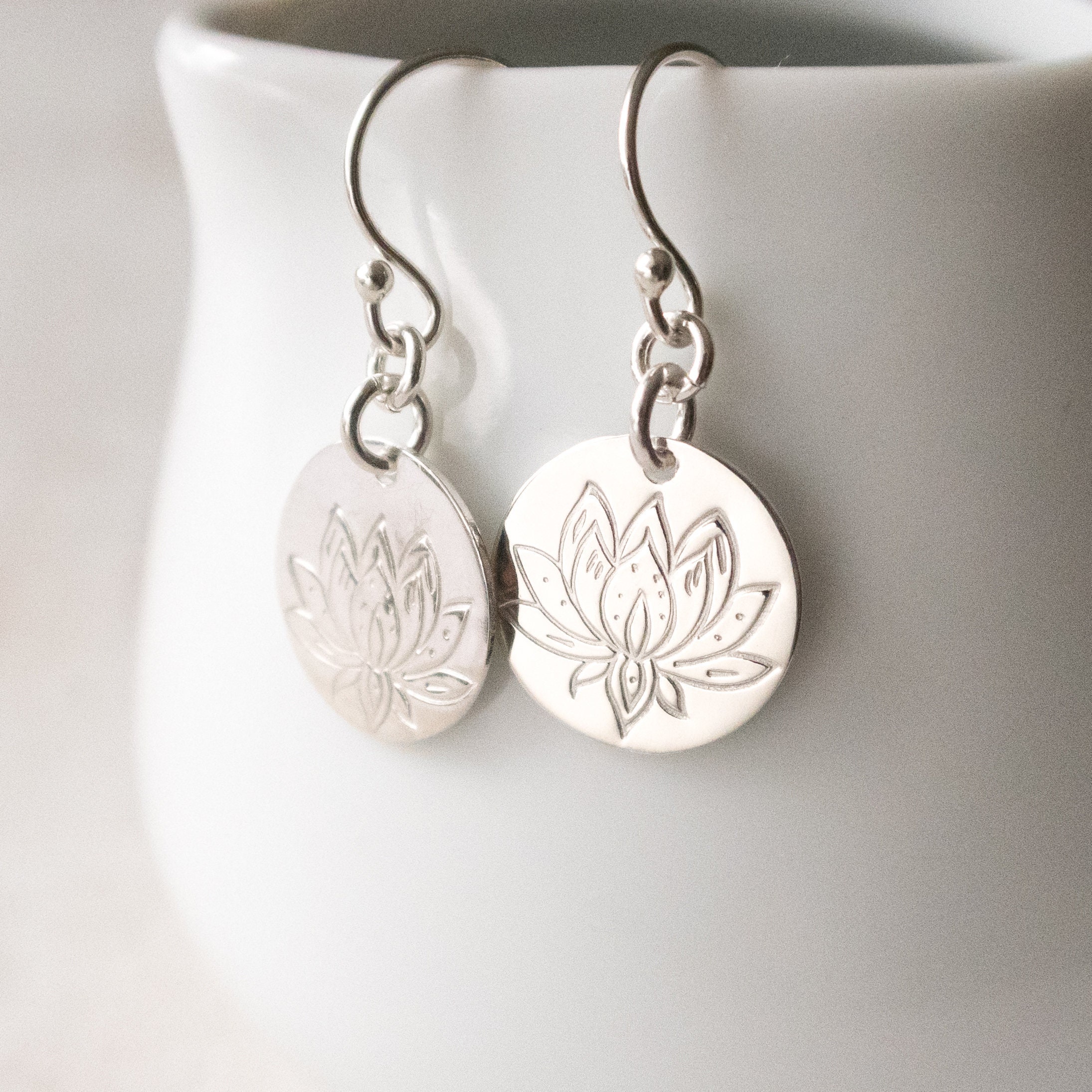 Lotus Flower Earrings, Sterling Silver, Dangle Earrings