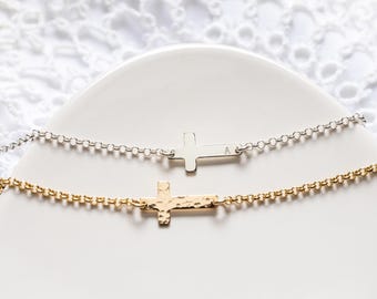 Personalized Sideways Cross Bracelet, Sterling Silver or Gold Filled, Smooth or Hammered