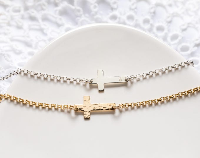 Personalized Sideways Cross Bracelet, Sterling Silver or Gold Filled, Smooth or Hammered