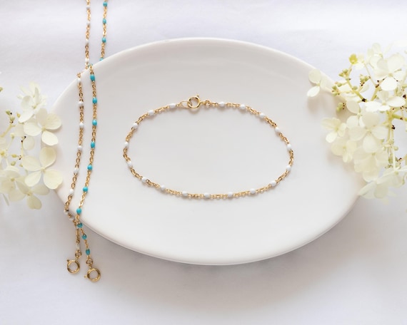 Gold Filled Enamel Bead Bracelet, White or Turquoise, Satellite Chain for Layering