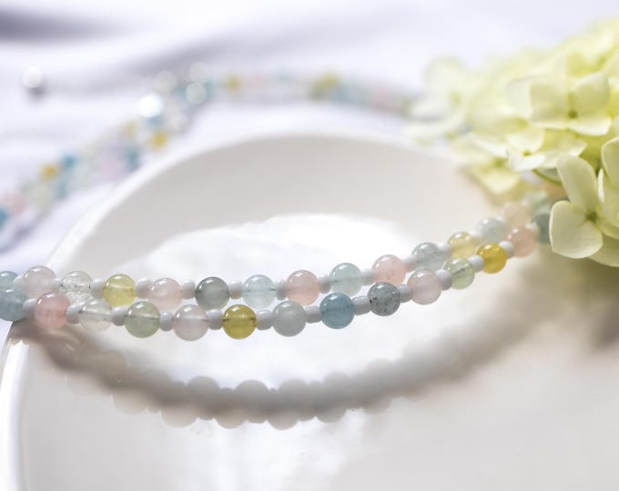 Beaded Gemstone Choker Necklace in Pastel Colors with Sterling Silver Extender