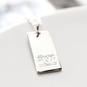 Sterling Silver Camera Necklace, Gift for Photographer, Hand stamped Rectangle Charm, Wedding Photographer Thank You Gift image 3