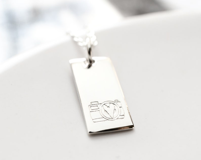 Sterling Silver Camera Necklace, Gift for Photographer, Hand stamped Rectangle Charm, Wedding Photographer Thank You Gift image 3