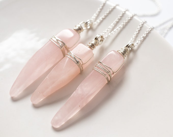 Rose Quartz Crystal Necklace, Rose Quartz Point Wire Wrapped in Sterling Silver