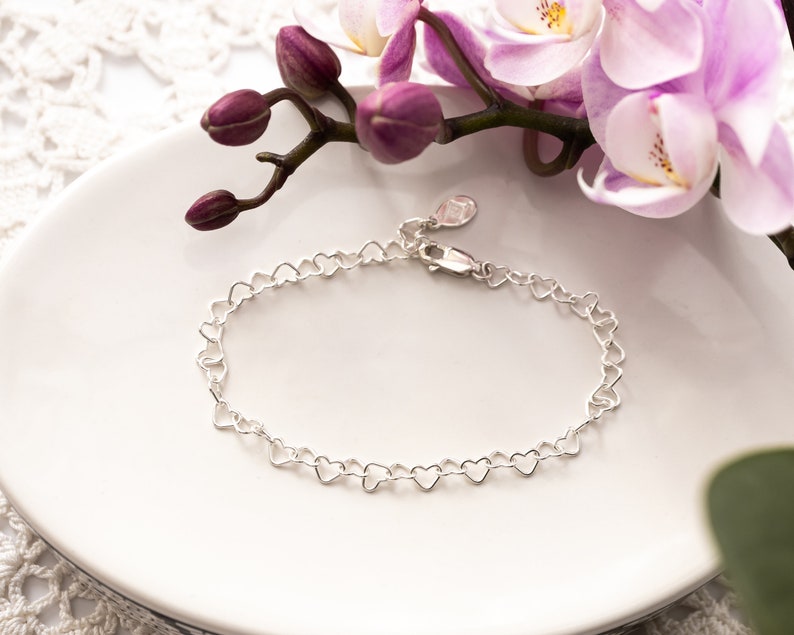 Sterling Silver Heart Chain Bracelet, Mini Heart Link Bracelet, Adjustable Length, Dainty Layering Bracelet, Gift for Her image 8