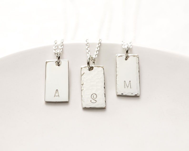 Sterling Silver Initial Tag Necklace, Personalized Rectangle Pendant , Minimalist Jewelry, Personalized Gift for Her image 1