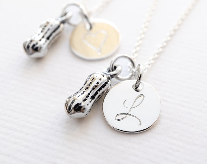 Personalized Peanut Necklace, Sterling Silver, Hand Stamped Initial or Heart