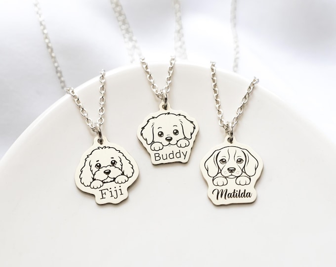 Personalized Dog Necklace, Sterling Silver, Custom Name and Dog Breed