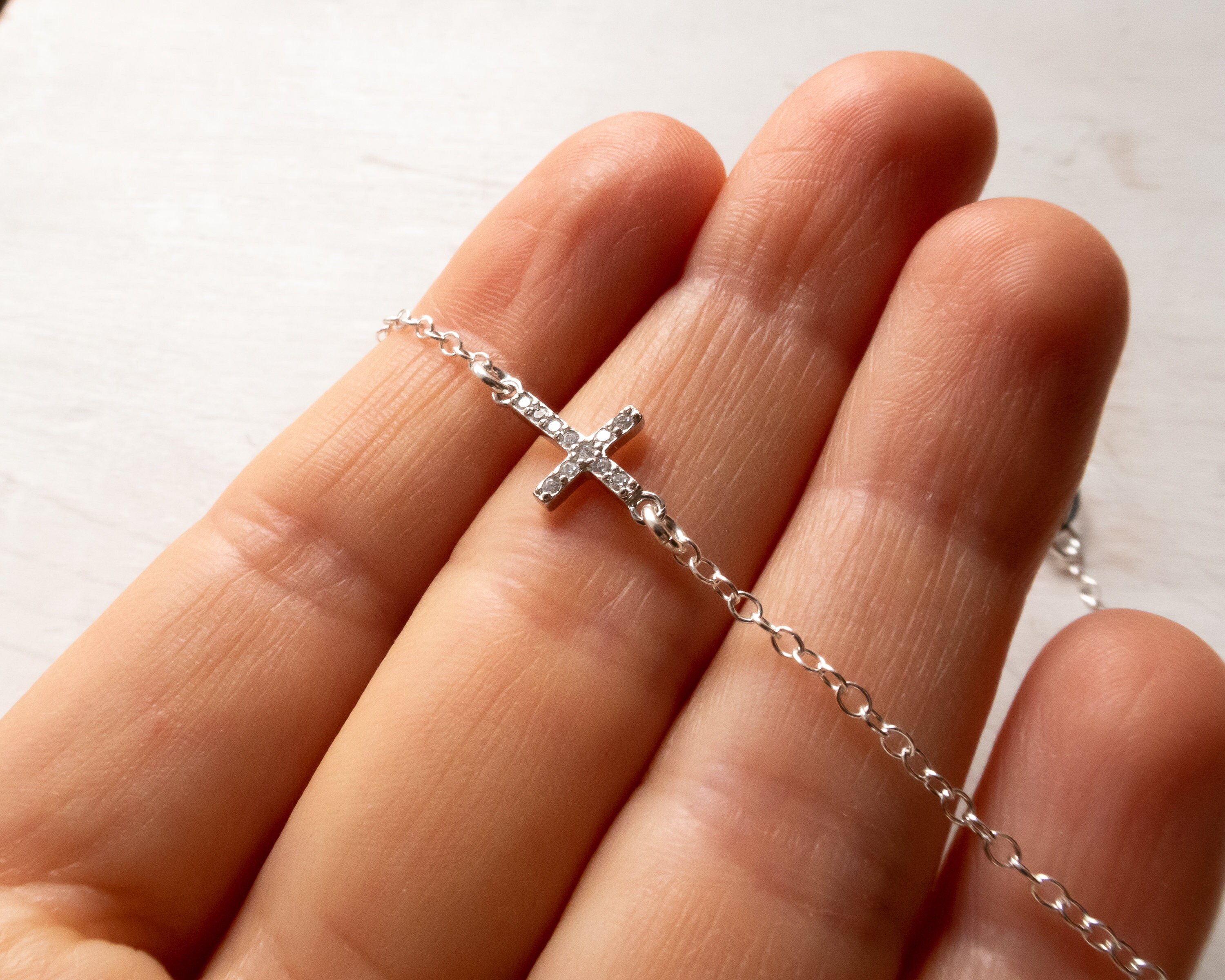 14K White Gold Sideways Cross Diamond Necklace