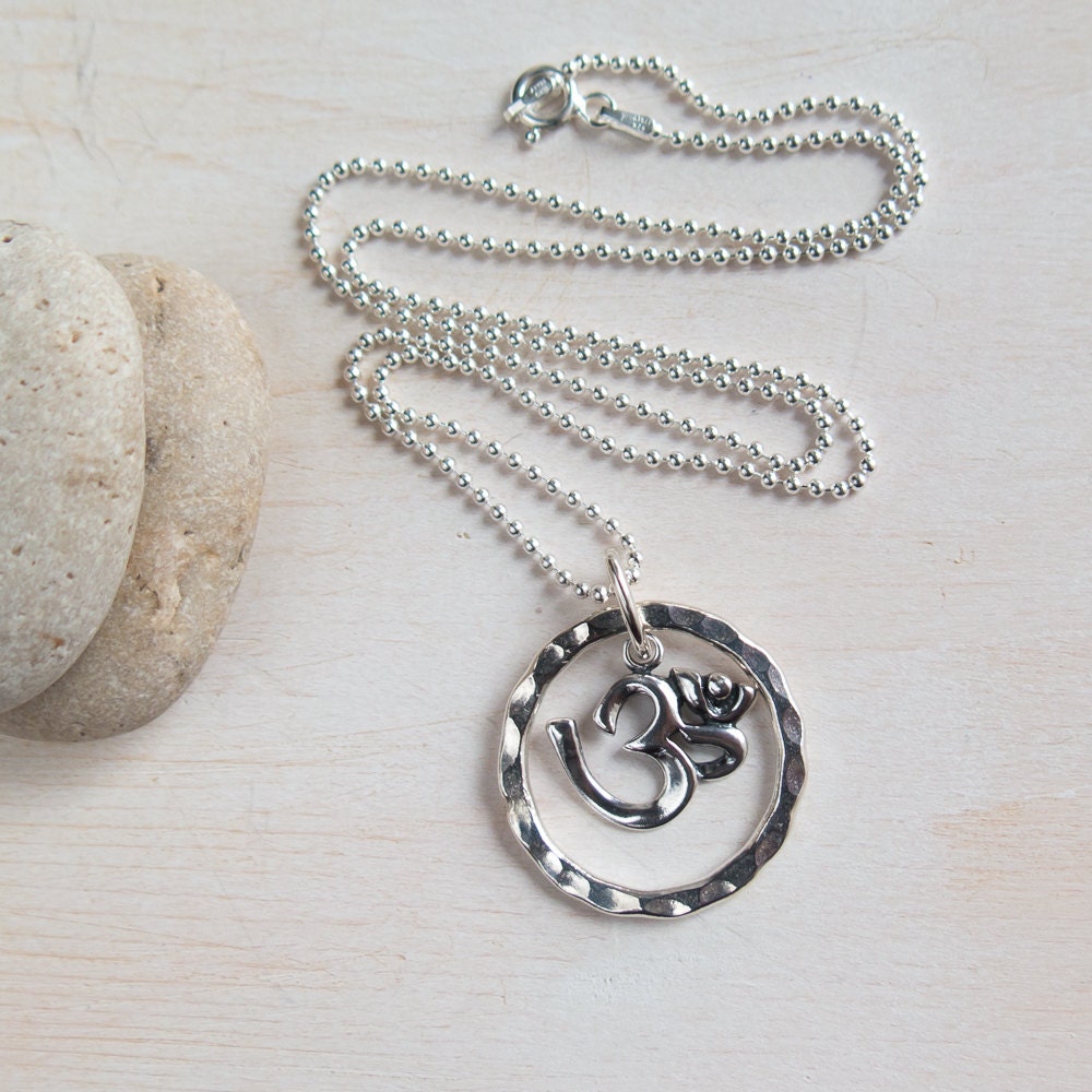 Sterling Silver OM Necklace, Large, Hammered Circle, Yoga Jewelry, Long