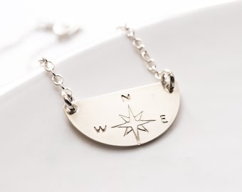 True North Compass Necklace, Sterling Silver, Half Circle Hand Stamped with Compass Rose