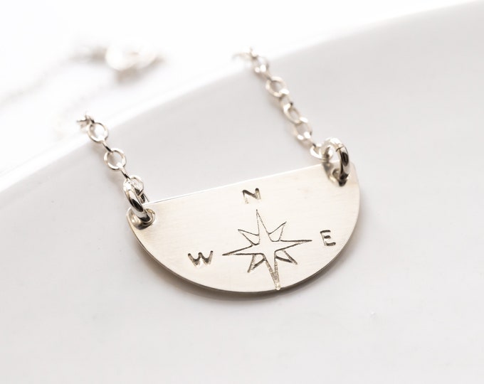 True North Compass Necklace, Sterling Silver, Half Circle Hand Stamped with Compass Rose