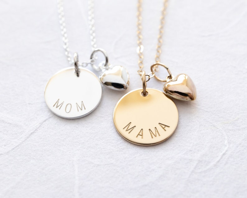 Mama Necklace, Gold Filled or Sterling Silver, Gift for Mom, Dainty Mother Necklace with Heart Charm image 1