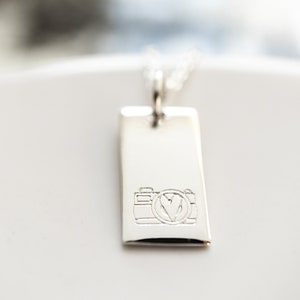 Sterling Silver Camera Necklace, Gift for Photographer, Hand stamped Rectangle Charm, Wedding Photographer Thank You Gift image 4