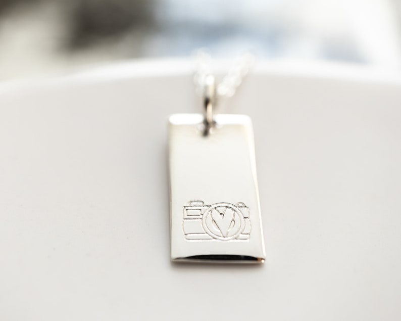 Sterling Silver Camera Necklace, Gift for Photographer, Hand stamped Rectangle Charm, Wedding Photographer Thank You Gift image 4