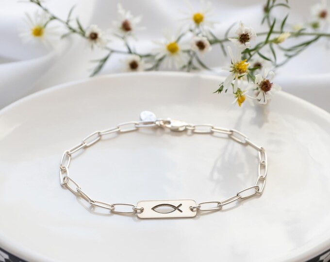 Christian Fish Bracelet with Paperclip Chain, Sterling Silver, Adjustable Length, Ichthus Jewelry