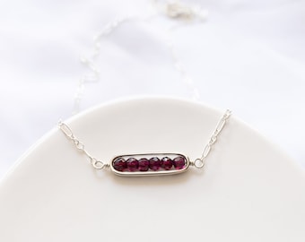 Sterling Silver Garnet Necklace, Genuine January Birthstone Necklace, Beaded Garnet Choker, Birthday Gift for Her