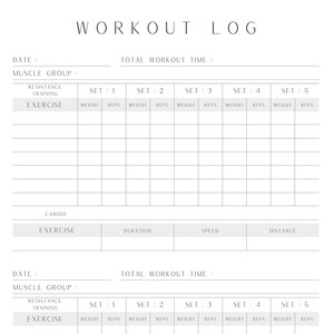 May include: A printable workout log template with sections for recording resistance training and cardio exercises. The template includes fields for date, muscle group, exercise, sets, weight, reps, duration, speed, and distance.