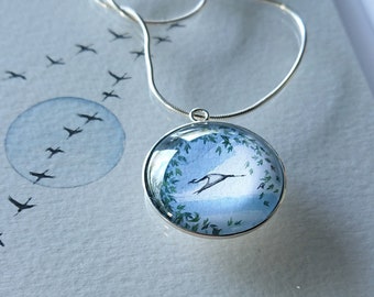 000AS sch Silver "LifeGuide Amulet" - lucky crane - silver Necklace with a watercolor painting