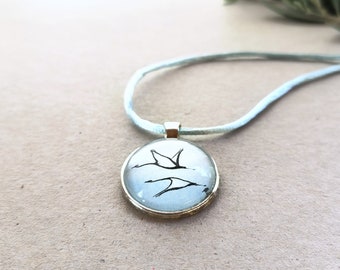 000A bg* "LifeGuide Amulet" - two cranes - Necklace with a watercolor painting ( original ) in honor to the beauty in nature and life!