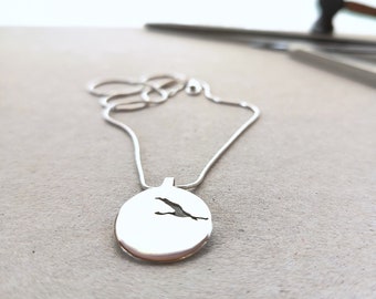 SA221* "Flying Crane" - silver coin, necklace of  Silver 925, handmade , unique design , with love for this planet earth and life