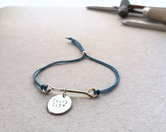 SB43* "Carpe Diem" - a one charm Bracelet of silver and a thin blue cord