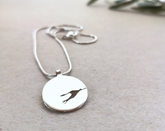 SA63* "Flying Crane" - silver coin, necklace of  Silver 925, handmade , unique design , with love for this planet earth and life