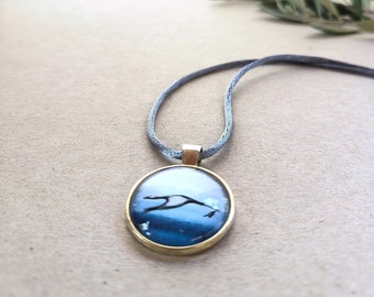 000A bg* "LifeGuide Amulet" - crane - Necklace with a watercolor painting (original) for a nature lover