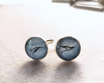 000C Cbg* silver Cufflinks with tiny watercolor paintings (original) of cranes