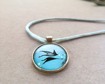 000A tg2* "LifeGuide Amulet" - cranes ocean - Necklace with a watercolour painting ( original ) for a nature lover