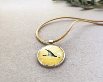 000A yg* "LifeGuide Amulet" - crane - Necklace with a watercolor painting (original) for a nature lover