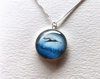 000AS Cw Silver "LifeGuide Amulet" - crane over winter blue forest - silver Necklace with a watercolor painting