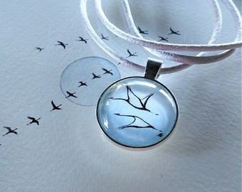 000A bg* "LifeGuide Amulet" - two cranes - Necklace with a watercolor painting ( original ) in honor to the beauty in nature and life!