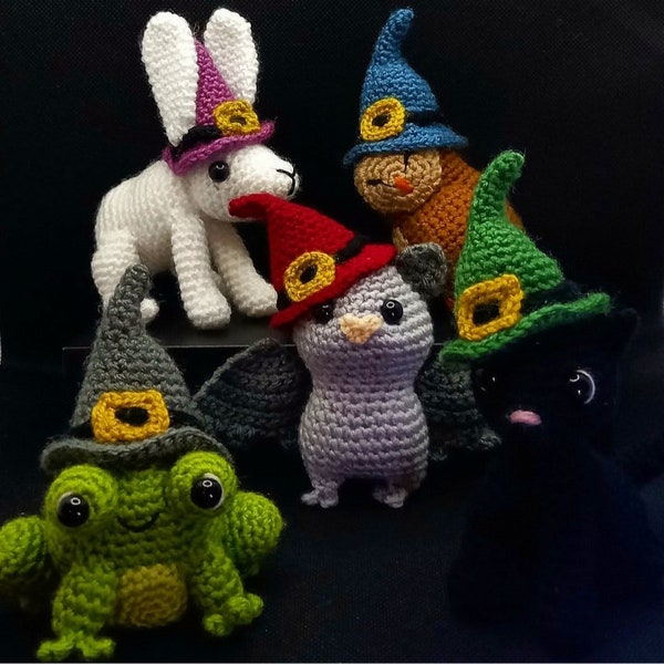 Crochet Witch's Familiars - Magical Animals - Bat - Owl - Cat - Hare - Frog - Halloween Toys - Halloween Gifts - Crochet Halloween - Crochet