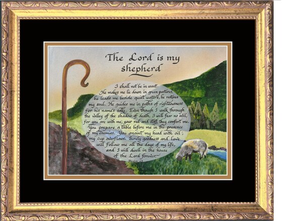 The Lord is my Shepherd, Psalm 23, framed and matted, calligraphy and art picture - Funeral verse.
