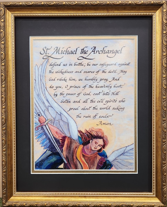St. Michael the Archangel Defend us in battle framed calligraphy art print for Confirmation, RCIA, house warming, Father's Day and Birthday