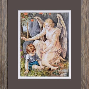 Guardian Angel with a little boy playing in the grass, framed picture.