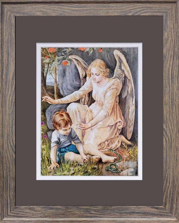Guardian Angel with a little boy playing in the grass, framed picture.