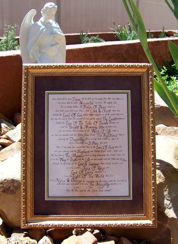 Scripture Names for Jesus in multi colored calligraphy lettering framed and matted for gift giving and home decor