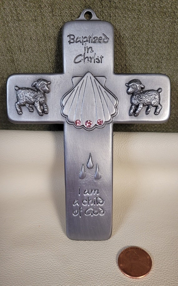 Baptism wall cross pewter keepsake for a girl.