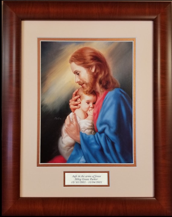 Safe in the arms of Jesus Sympathy memorial baby picture with scripture verse matted and framed and option to personalize with name and date