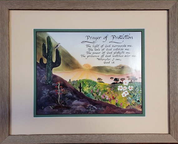 Prayer of Protection picture framed and matted. Southwest design with calligraphy by Candy Bridges