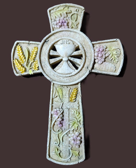 First Holy Communion Wall Cross with chalice, wheat and grape design