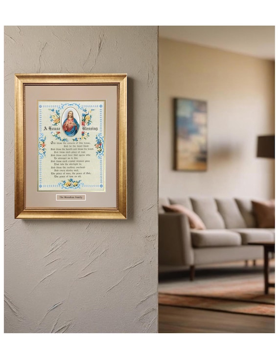 Sacred Heart of Jesus personalized House Blessing with Irish Blessing custom framed prayer religious home decor.