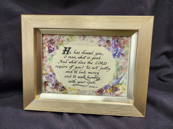 Micah 6 Scripture verse framed calligraphy print - Desktop size