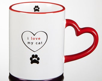 Cat mug with heart handle in Black and Red