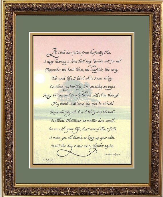 A limb has fallen from the family tree custom framed poem for funeral, memorial, sympathy and remembrance personalized gift and keepsake.