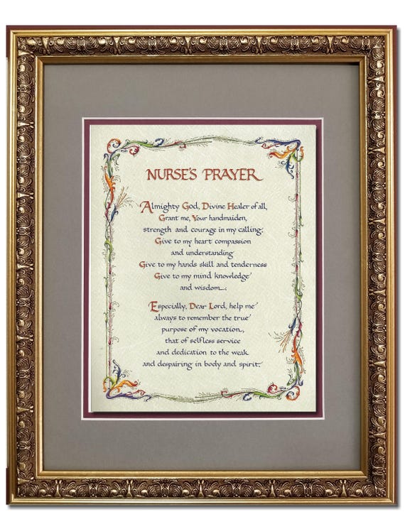 Nurses Prayer Personalized 8"X 10" or 11" X 14" double matted in neutral tan/beige and burgundy with gold decorative frame.