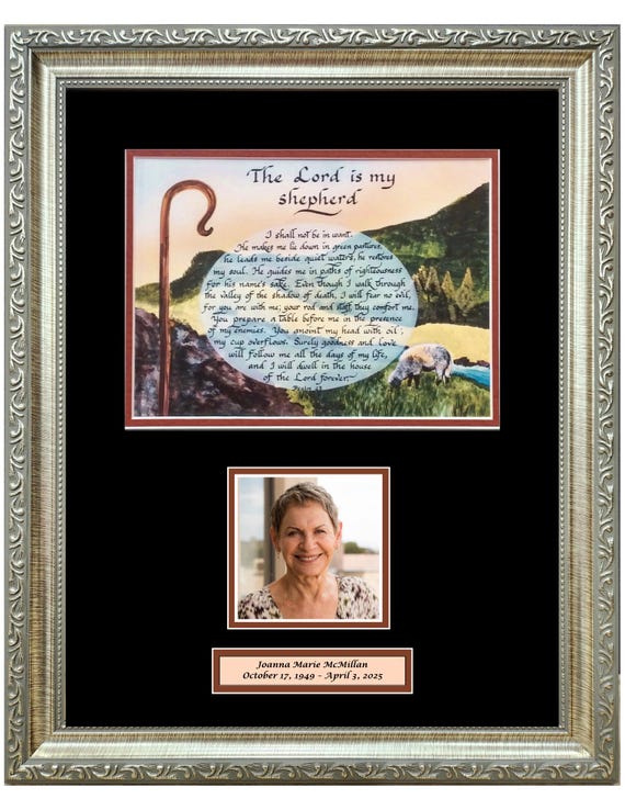 Memorial personalized framed scripture and photo keepsake for funeral, home, and gift