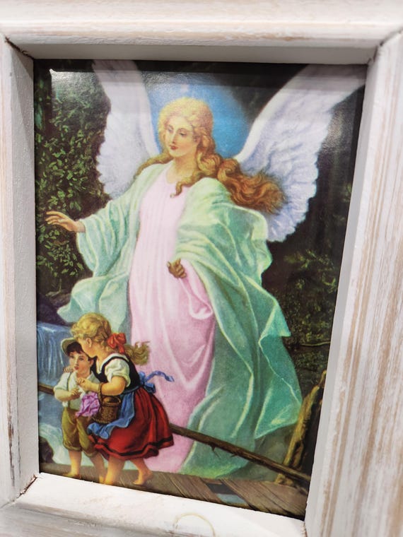 Guardian Angel vintage framed print with easel for easy display.